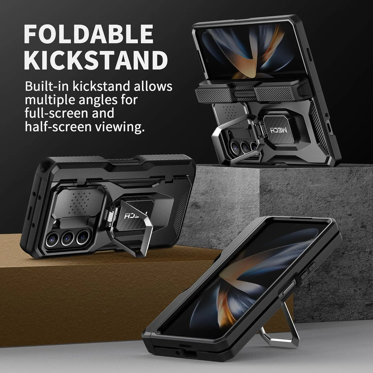 TONGATE for Z Fold 5 Case with Ring Stand, Built-in S Pen Holder & Glass Screen Protector Shockproof Rugged Z5 Phone Case with Slide Camera Cover& Belt Clip for Samsung Galaxy Z Fold 5, Privacy Black