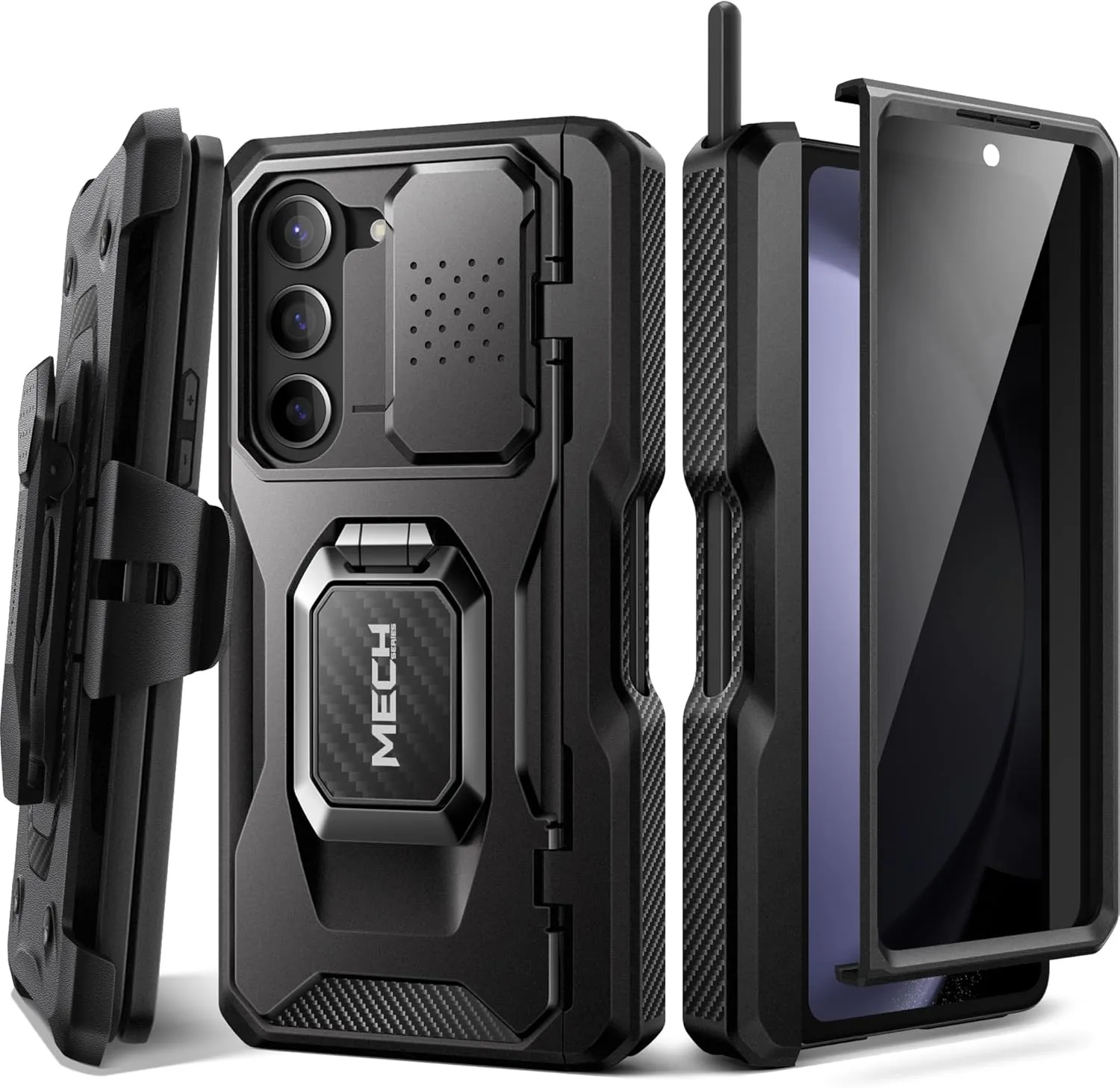 TONGATE for Z Fold 5 Case with Ring Stand, Built-in S Pen Holder & Glass Screen Protector Shockproof Rugged Z5 Phone Case with Slide Camera Cover& Belt Clip for Samsung Galaxy Z Fold 5, Privacy Black