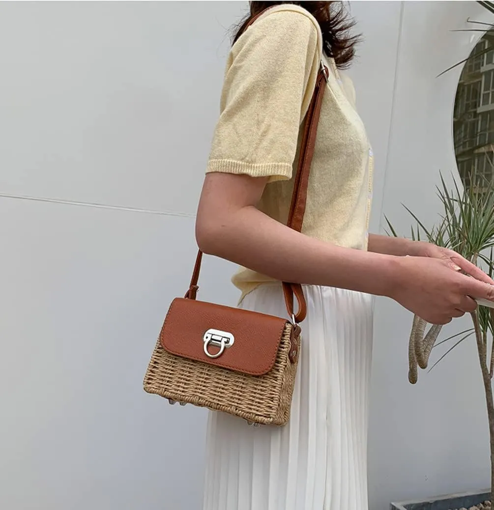 TONWHAR Womens Handmade Woven Shoulder Bag, Chic Straw Crossbody Bag/Purse for Beach Summer Holiday