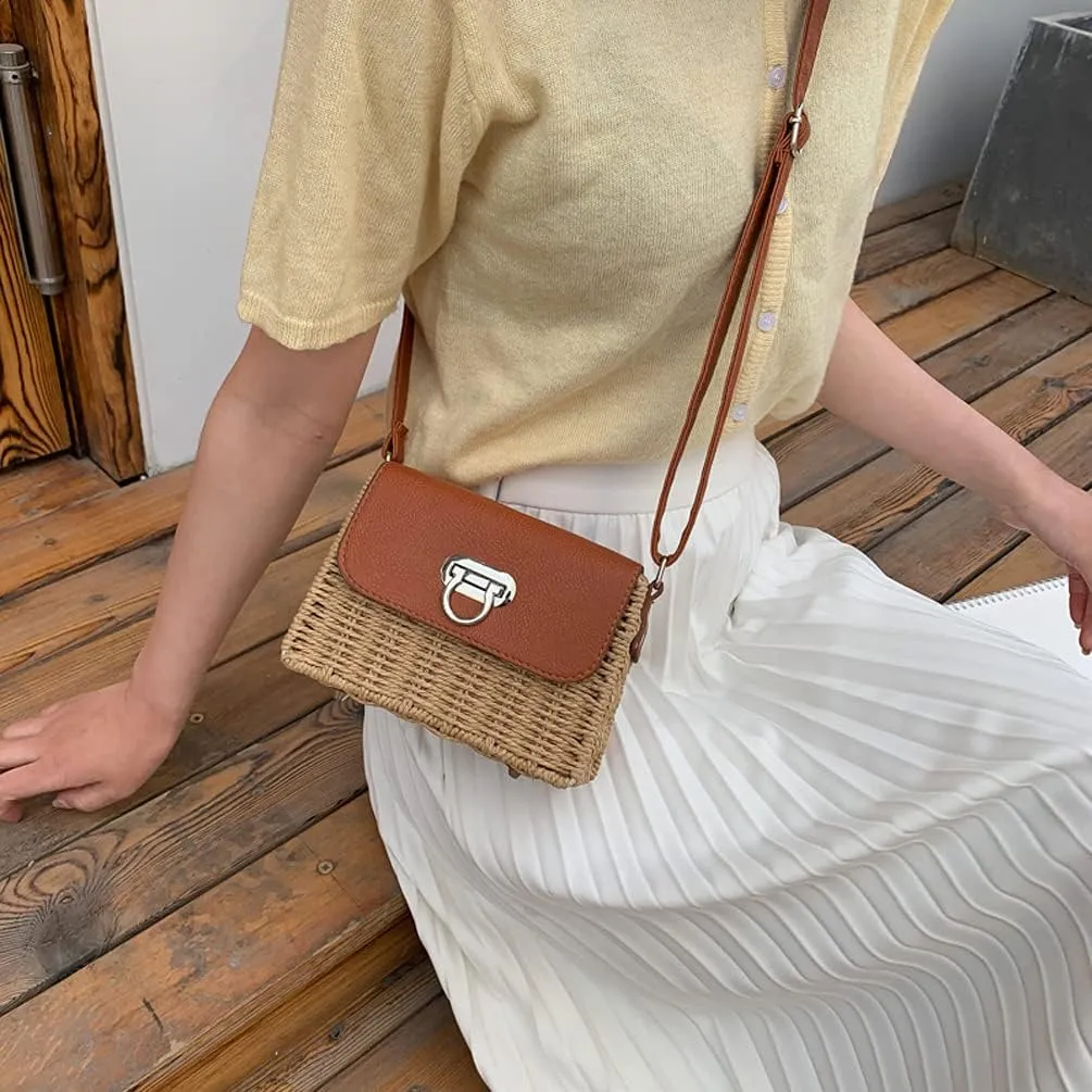 TONWHAR Womens Handmade Woven Shoulder Bag, Chic Straw Crossbody Bag/Purse for Beach Summer Holiday