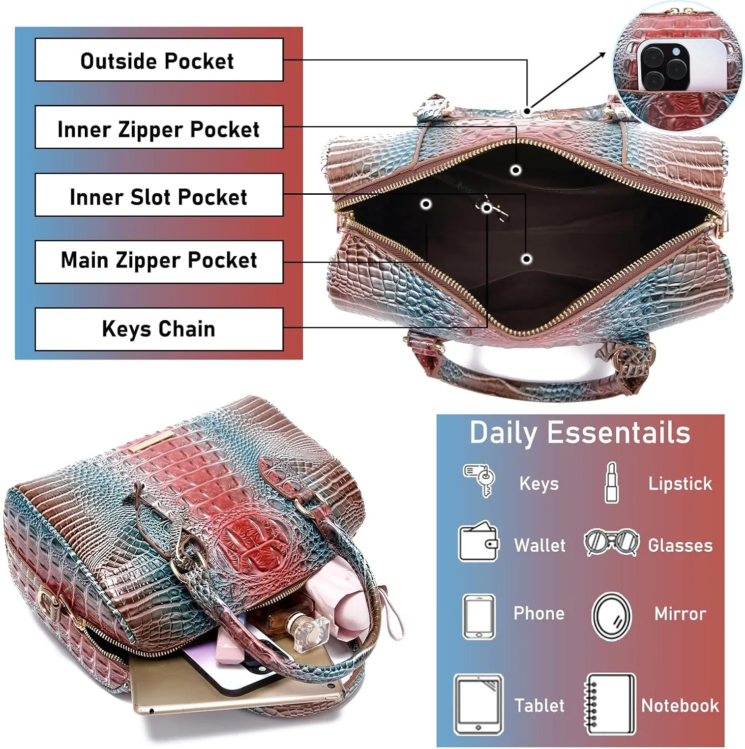 Top-Handle Crocodile Purses For Women Crossbody Leather Bags Trendy Large Capacity Tote with Shoulder Strap