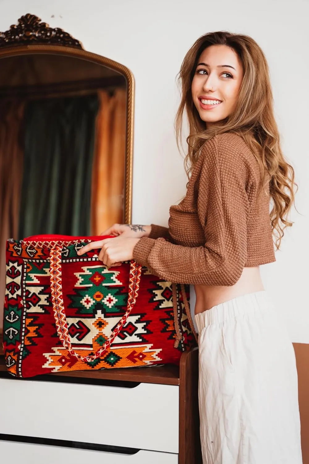 Tote Bag for Women Woven Shoulder Bag Gym Travel Weekender Cute Tote with Compartments Fits 17-Inch Laptop