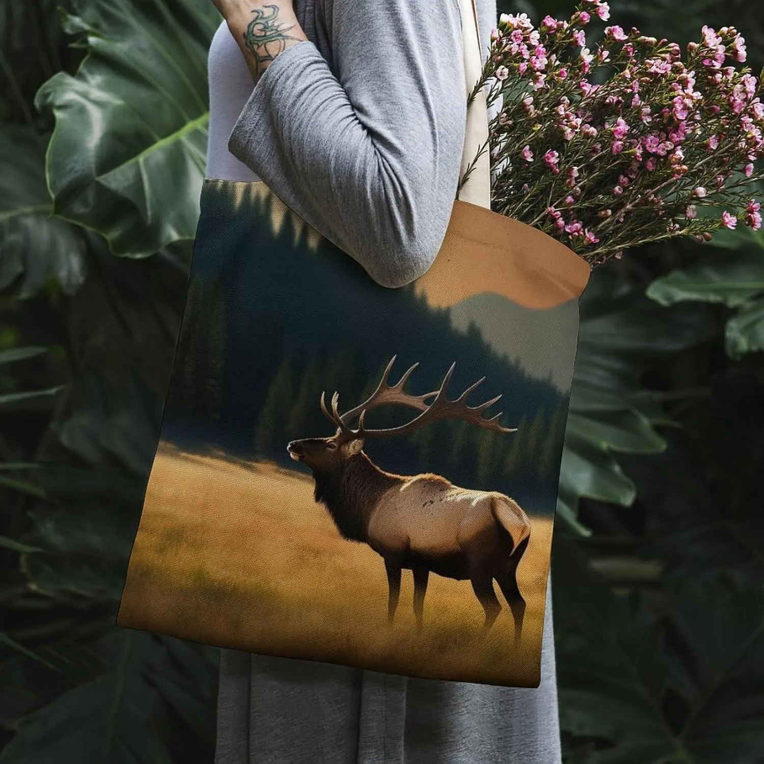 Tote Bag Laptop Handbag Elk In The Meadow Grocery Bag Canvas Shoulder Bag Crossbody Bag for Travel