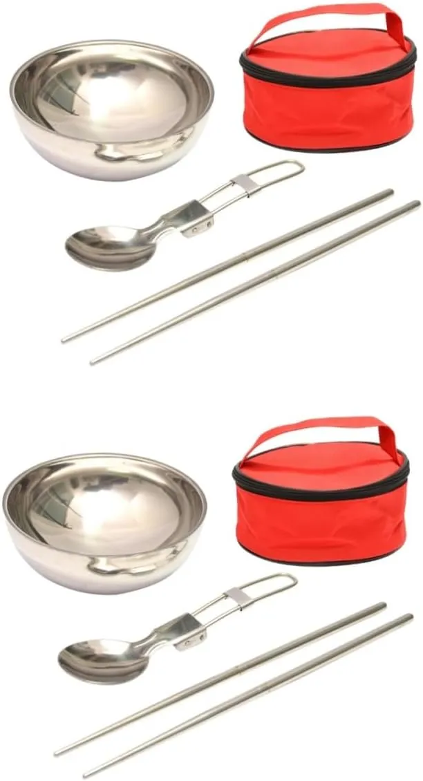 Totority 2 Sets Stainless Steel Camping Bowl Spoon Chopsticks Set Portable Chopsticks for Camping Hiking Outdoor Bbq Picnic