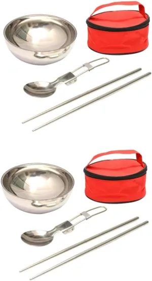 Totority 2 Sets Stainless Steel Camping Bowl Spoon Chopsticks Set Portable Chopsticks for Camping Hiking Outdoor Bbq Picnic