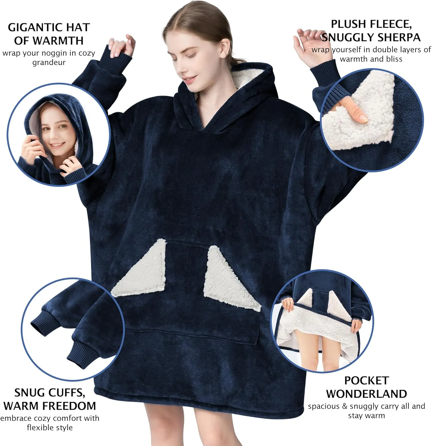 Touchat Wearable Blanket Hoodie, Oversized Sherpa Blanket Sweatshirt with Hood Pocket and Sleeves, Super Soft Warm Comfy Plush Hooded Blanket for Adult Women Men, One Size Fits All (NavyBlue)