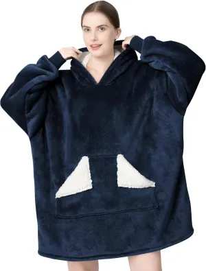 Touchat Wearable Blanket Hoodie, Oversized Sherpa Blanket Sweatshirt with Hood Pocket and Sleeves, Super Soft Warm Comfy Plush Hooded Blanket for Adult Women Men, One Size Fits All (NavyBlue)