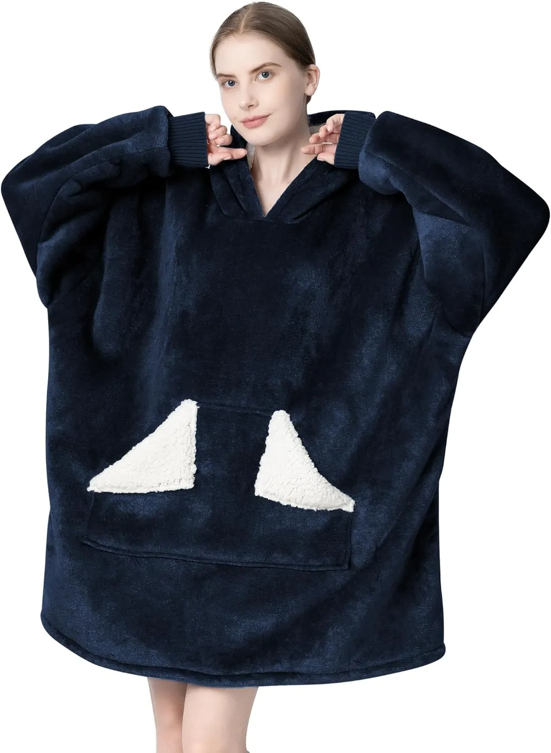Touchat Wearable Blanket Hoodie, Oversized Sherpa Blanket Sweatshirt with Hood Pocket and Sleeves, Super Soft Warm Comfy Plush Hooded Blanket for Adult Women Men, One Size Fits All (NavyBlue)