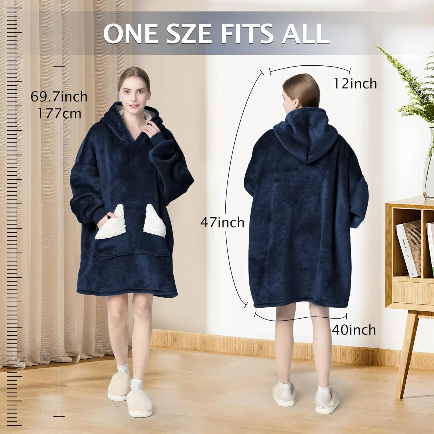Touchat Wearable Blanket Hoodie, Oversized Sherpa Blanket Sweatshirt with Hood Pocket and Sleeves, Super Soft Warm Comfy Plush Hooded Blanket for Adult Women Men, One Size Fits All (NavyBlue)