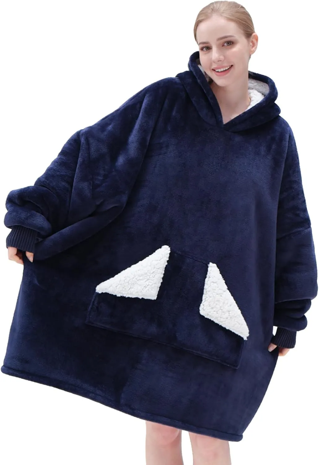 Touchat Wearable Blanket Hoodie, Oversized Sherpa Blanket Sweatshirt with Hood Pocket and Sleeves, Super Soft Warm Comfy Plush Hooded Blanket for Adult Women Men, One Size Fits All (NavyBlue)