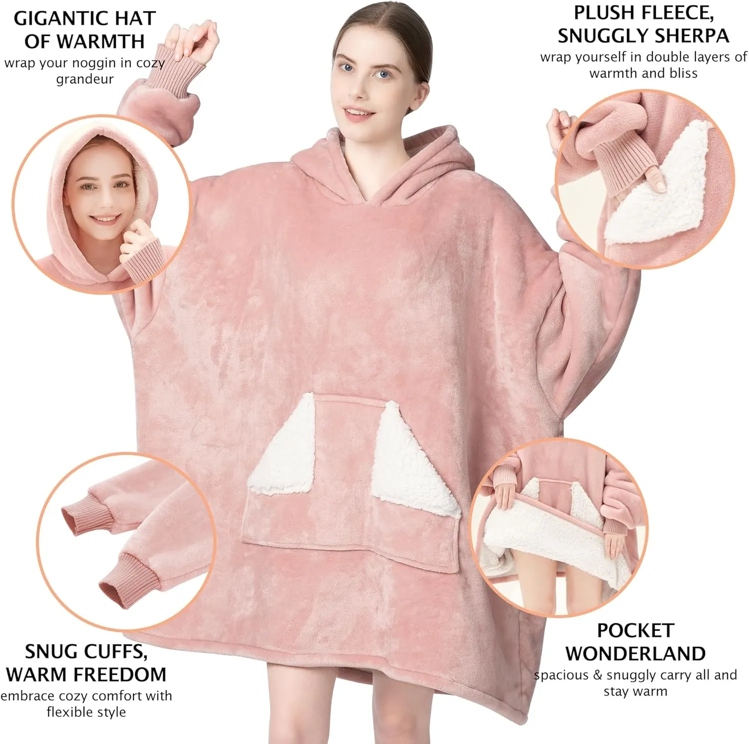 Touchat Wearable Blanket Hoodie, Oversized Sherpa Blanket Sweatshirt with Hood Pocket and Sleeves, Super Soft Warm Plush Hooded Blanket for Adult Women Men, One Size Fits All (Pink)
