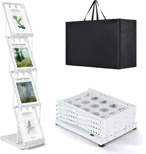Trade Show Literature Stand Display Rack, Magazine Brochure Catalog Display Stand, Magazine Floor-Standing with Portable Oxford Bag for Office Store Exhibition Trade Show (White)