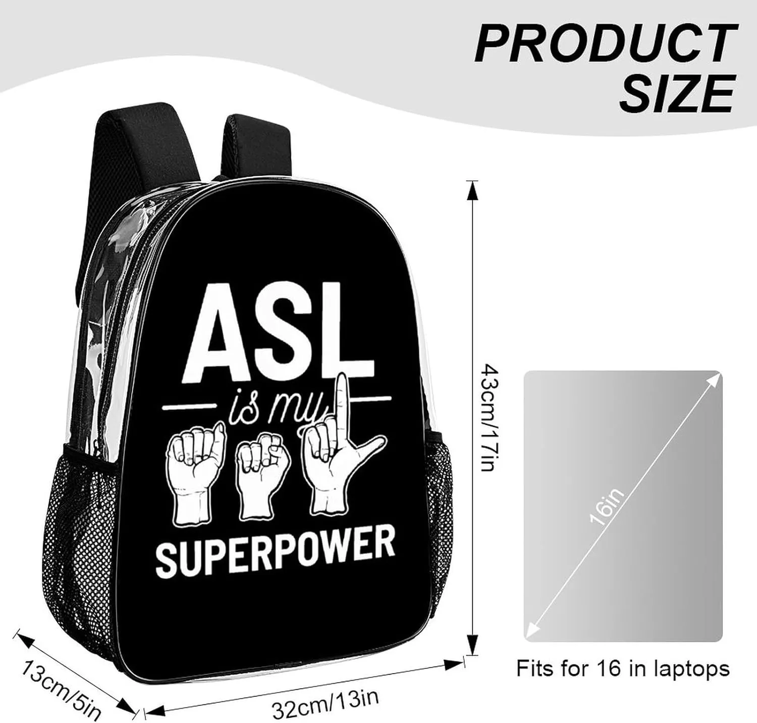 Transparent Daypack Backpack for Climbing Outdoors Running - Big Capacity Multipurpose Anti-Theft Bookbag, Asl Is My Superpower American Sign Language Art Travel Hiking & Camping Rucksack