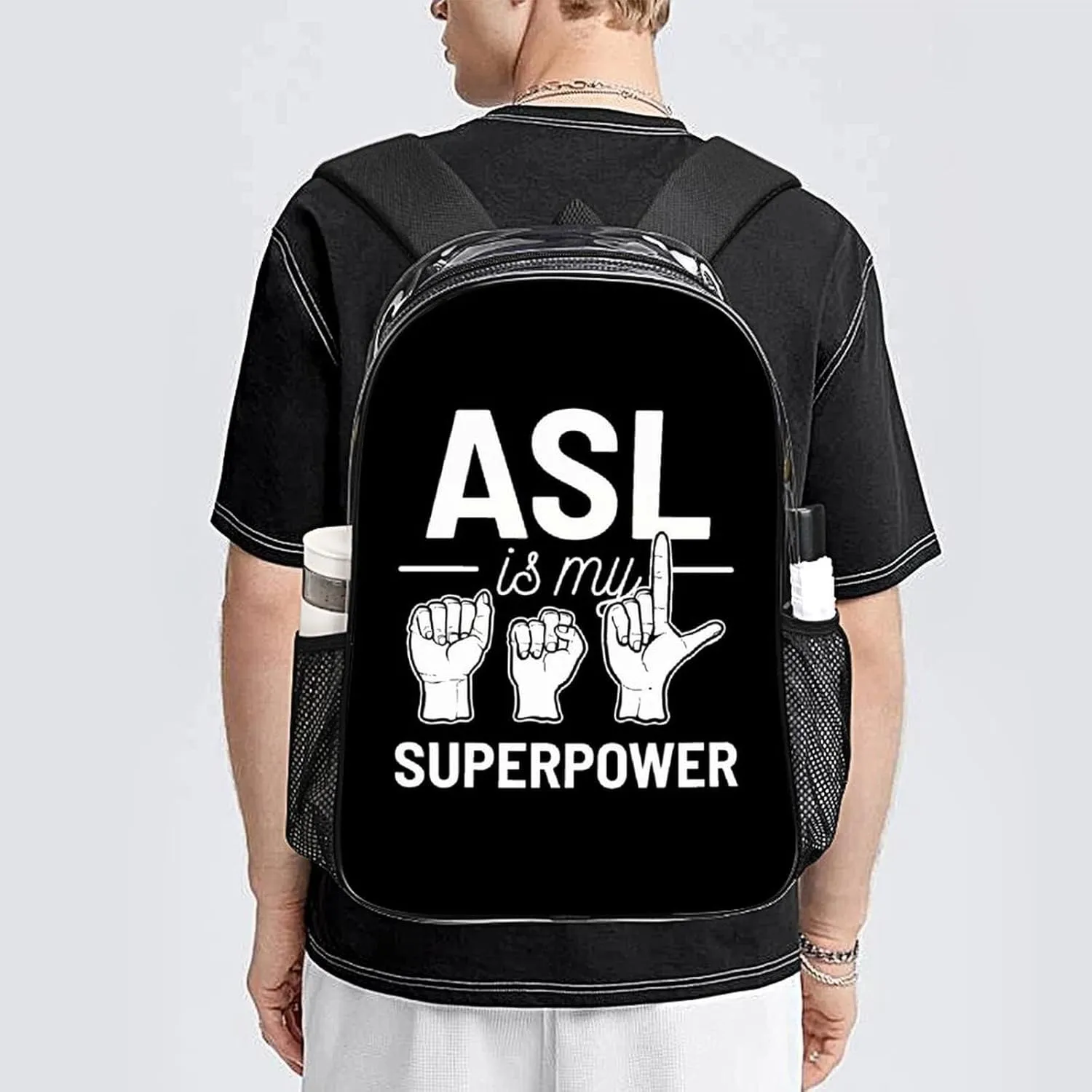 Transparent Daypack Backpack for Climbing Outdoors Running - Big Capacity Multipurpose Anti-Theft Bookbag, Asl Is My Superpower American Sign Language Art Travel Hiking & Camping Rucksack