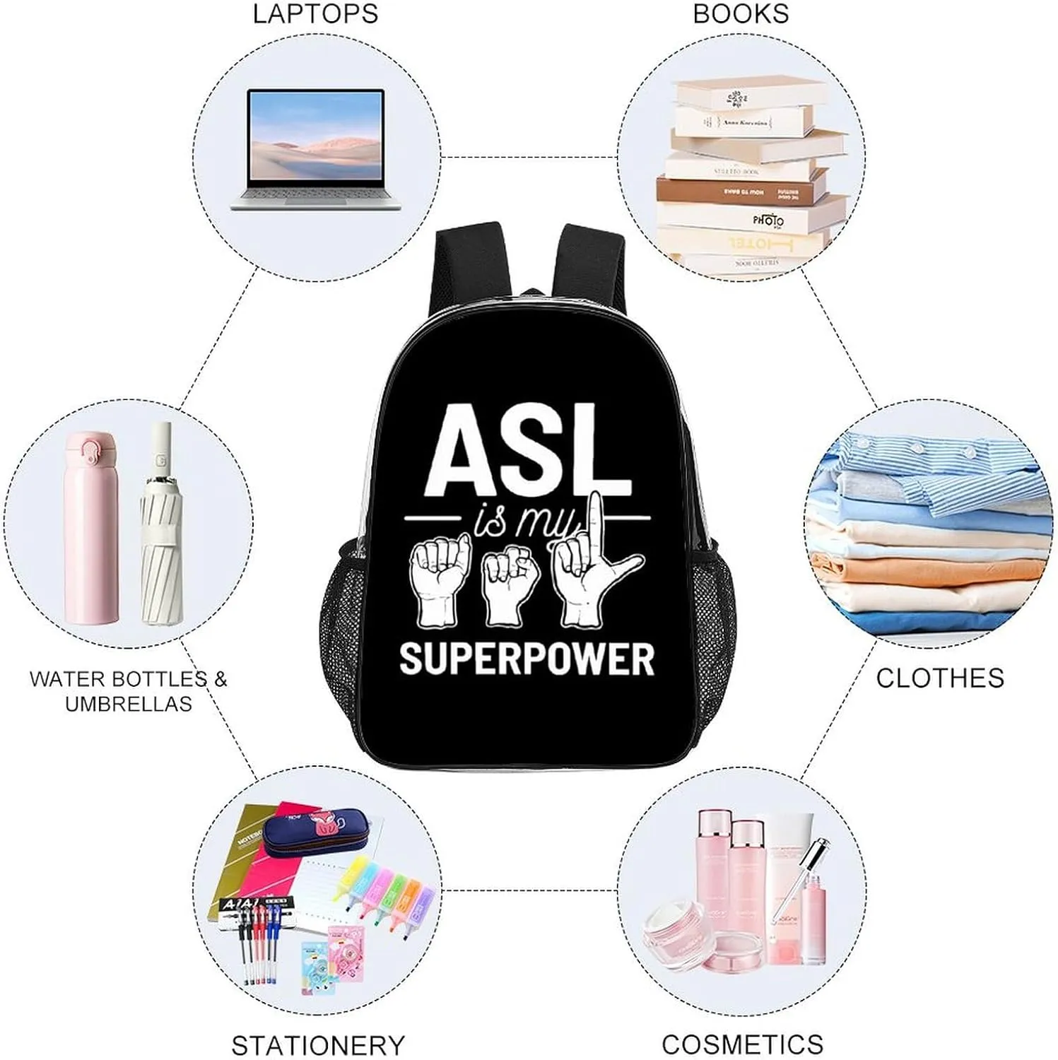 Transparent Daypack Backpack for Climbing Outdoors Running - Big Capacity Multipurpose Anti-Theft Bookbag, Asl Is My Superpower American Sign Language Art Travel Hiking & Camping Rucksack