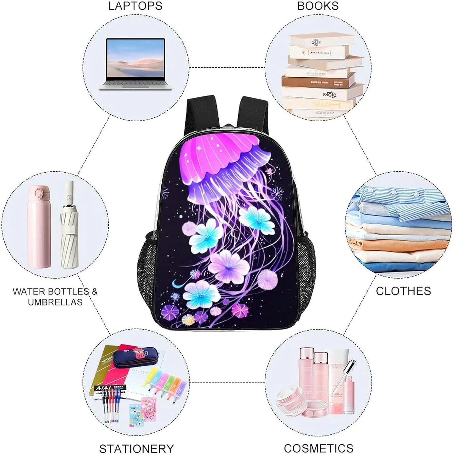Transparent Daypack Backpack for Climbing Outdoors Running - Big Capacity Multipurpose Anti-Theft Bookbag, Magic Flowers Ocean The Jellyfish Pattern Travel Hiking & Camping Rucksack