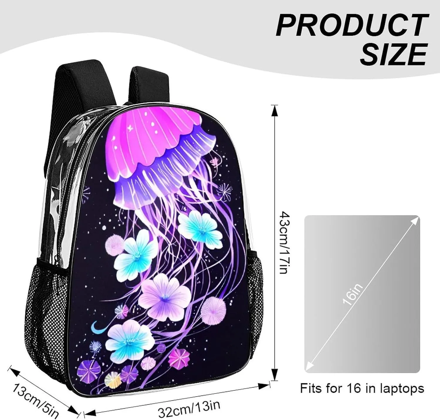 Transparent Daypack Backpack for Climbing Outdoors Running - Big Capacity Multipurpose Anti-Theft Bookbag, Magic Flowers Ocean The Jellyfish Pattern Travel Hiking & Camping Rucksack