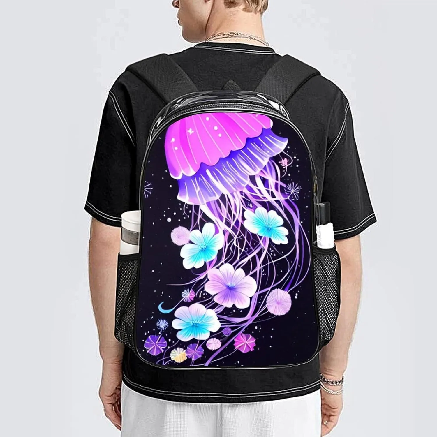 Transparent Daypack Backpack for Climbing Outdoors Running - Big Capacity Multipurpose Anti-Theft Bookbag, Magic Flowers Ocean The Jellyfish Pattern Travel Hiking & Camping Rucksack
