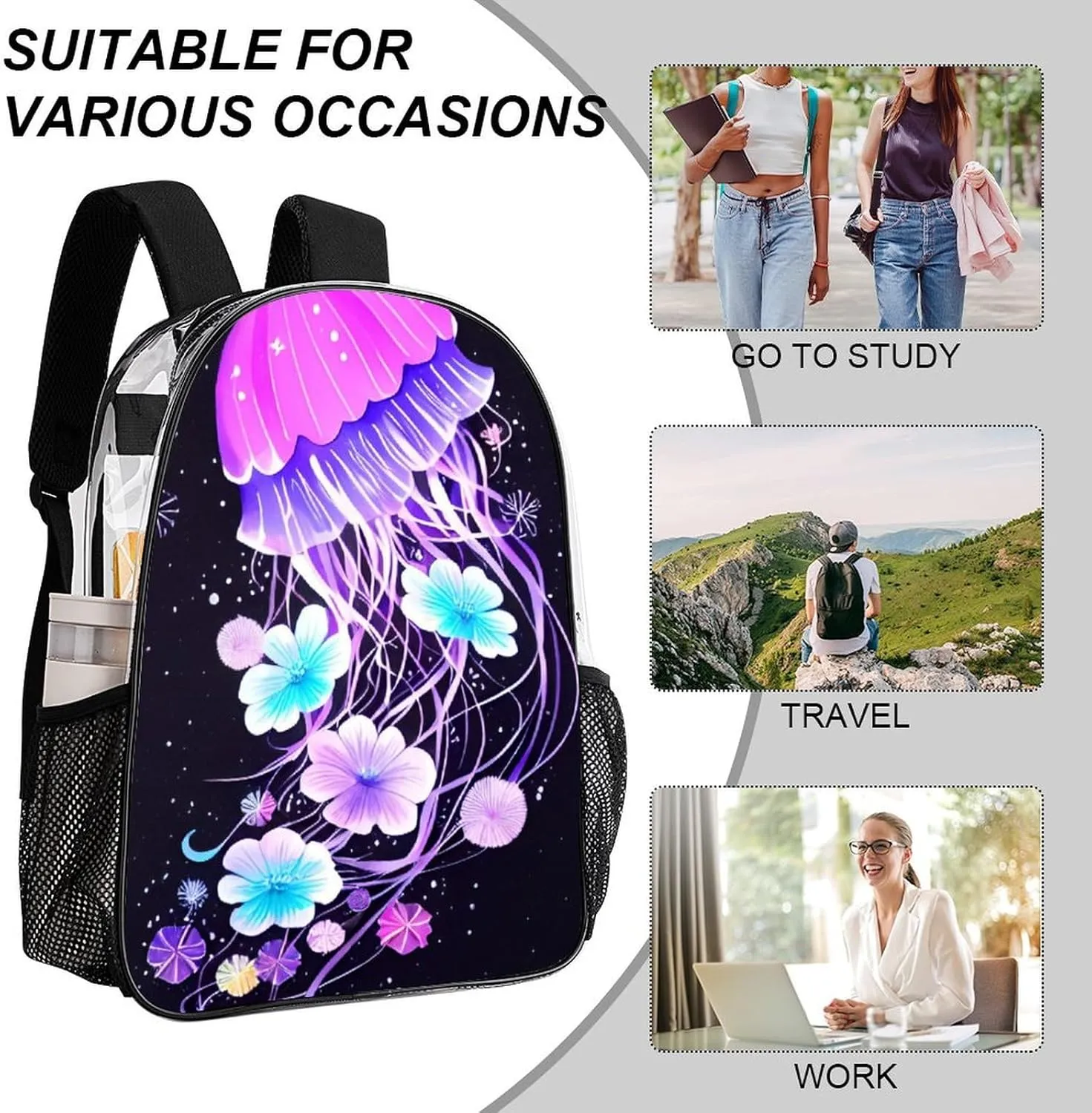 Transparent Daypack Backpack for Climbing Outdoors Running - Big Capacity Multipurpose Anti-Theft Bookbag, Magic Flowers Ocean The Jellyfish Pattern Travel Hiking & Camping Rucksack