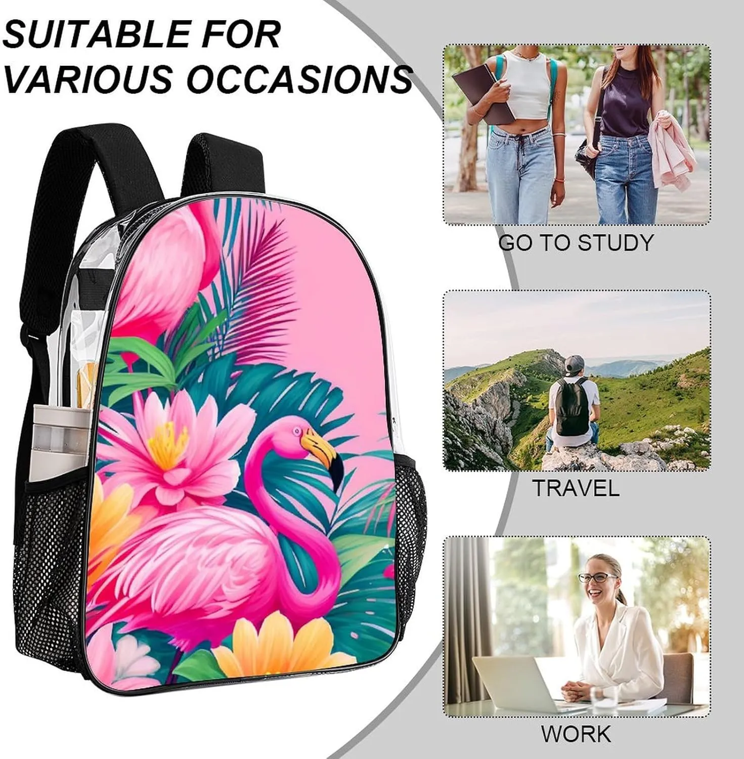 Transparent Daypack Backpack for Trekking Picnic Walking Cycling - Large Capacity Anti-Theft Multipurpose Shoulder Bag, Flamingos Flower Palm Pink Summer Holiday Art Casual Daypack