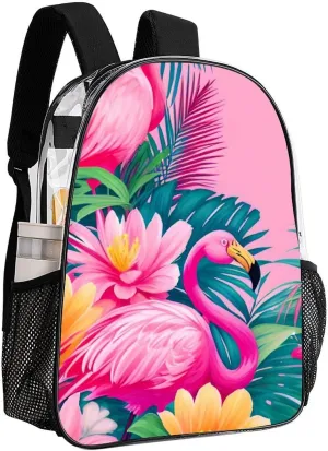 Transparent Daypack Backpack for Trekking Picnic Walking Cycling - Large Capacity Anti-Theft Multipurpose Shoulder Bag, Flamingos Flower Palm Pink Summer Holiday Art Casual Daypack