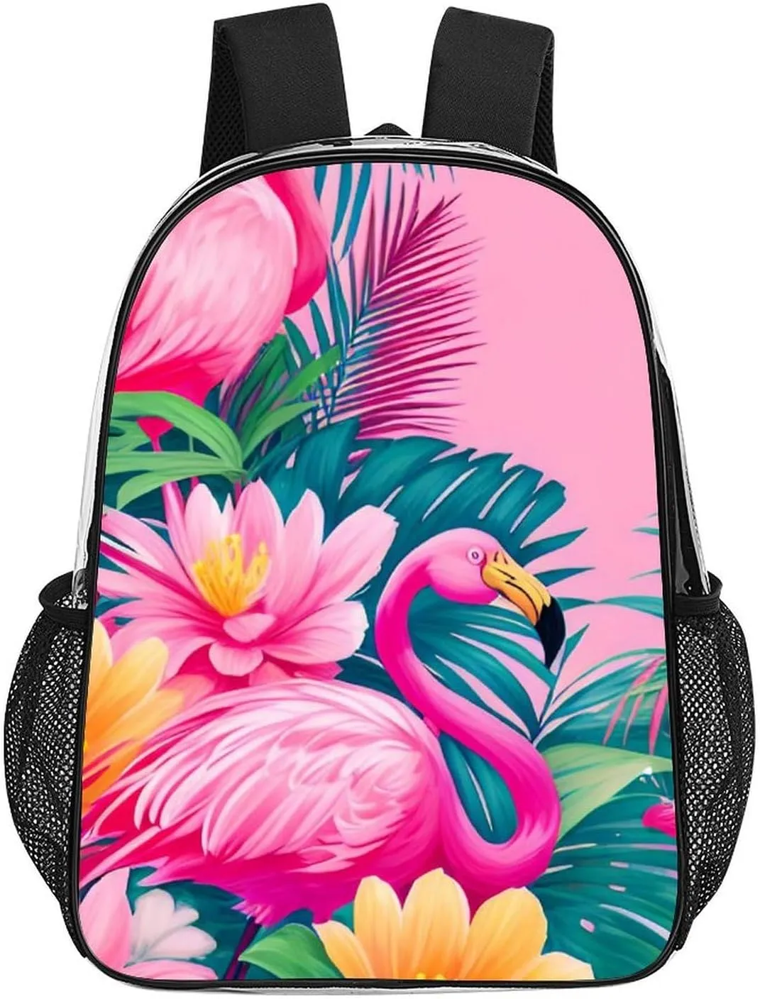 Transparent Daypack Backpack for Trekking Picnic Walking Cycling - Large Capacity Anti-Theft Multipurpose Shoulder Bag, Flamingos Flower Palm Pink Summer Holiday Art Casual Daypack