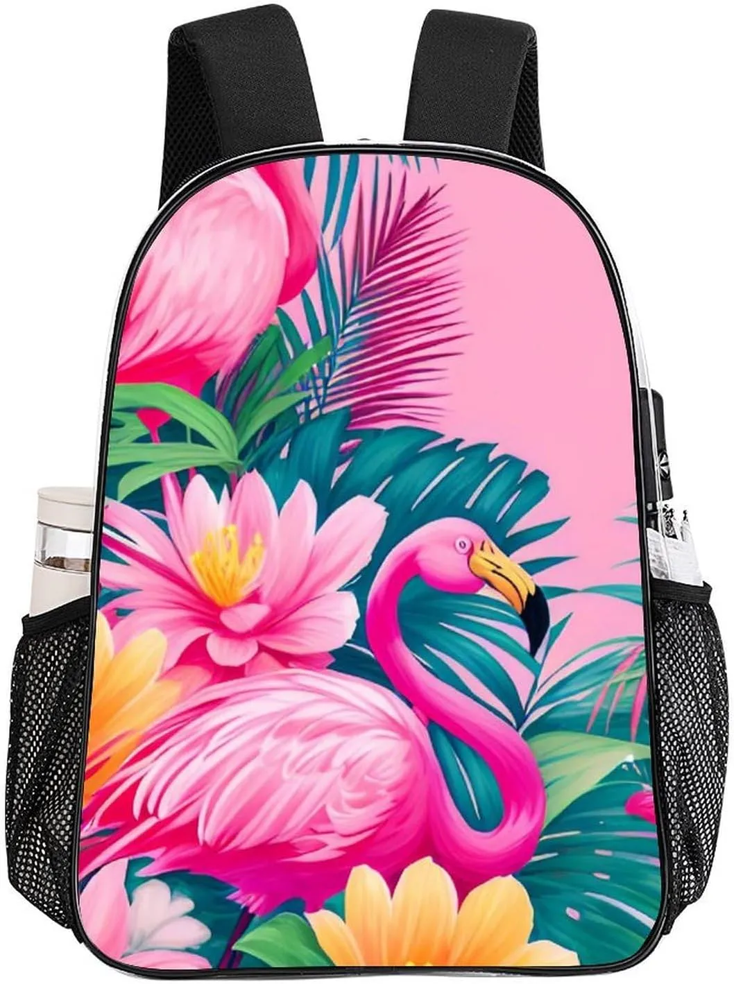 Transparent Daypack Backpack for Trekking Picnic Walking Cycling - Large Capacity Anti-Theft Multipurpose Shoulder Bag, Flamingos Flower Palm Pink Summer Holiday Art Casual Daypack