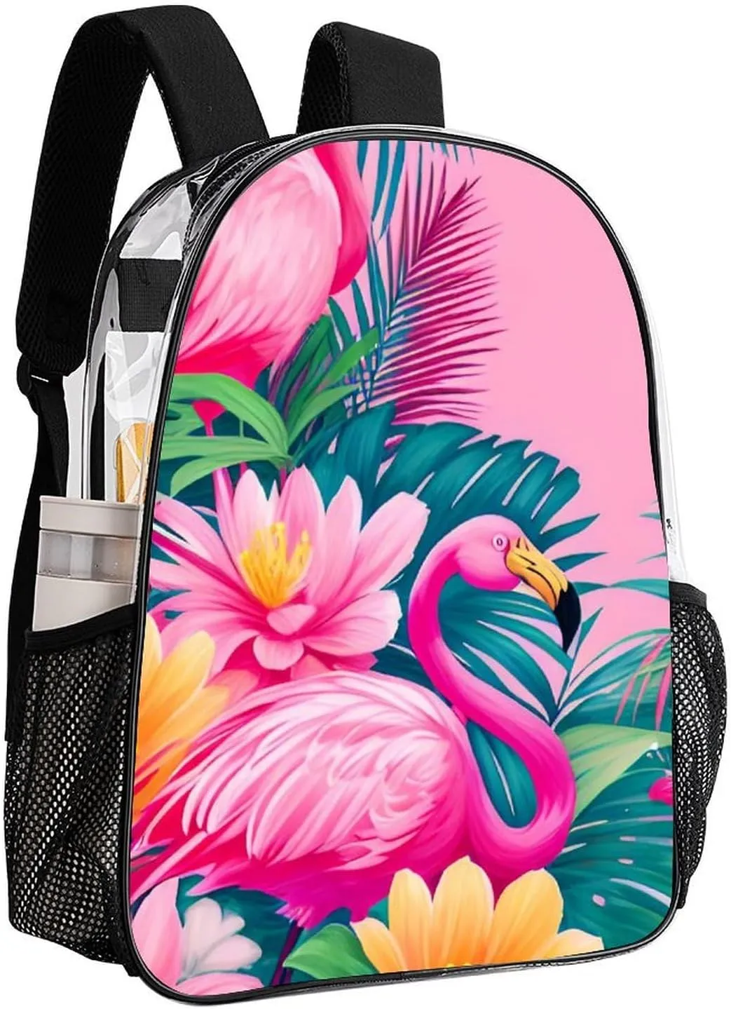 Transparent Daypack Backpack for Trekking Picnic Walking Cycling - Large Capacity Anti-Theft Multipurpose Shoulder Bag, Flamingos Flower Palm Pink Summer Holiday Art Casual Daypack