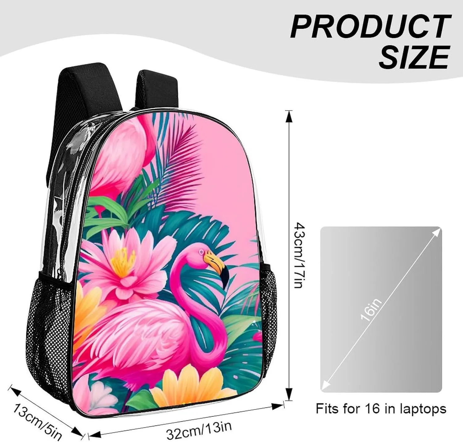 Transparent Daypack Backpack for Trekking Picnic Walking Cycling - Large Capacity Anti-Theft Multipurpose Shoulder Bag, Flamingos Flower Palm Pink Summer Holiday Art Casual Daypack