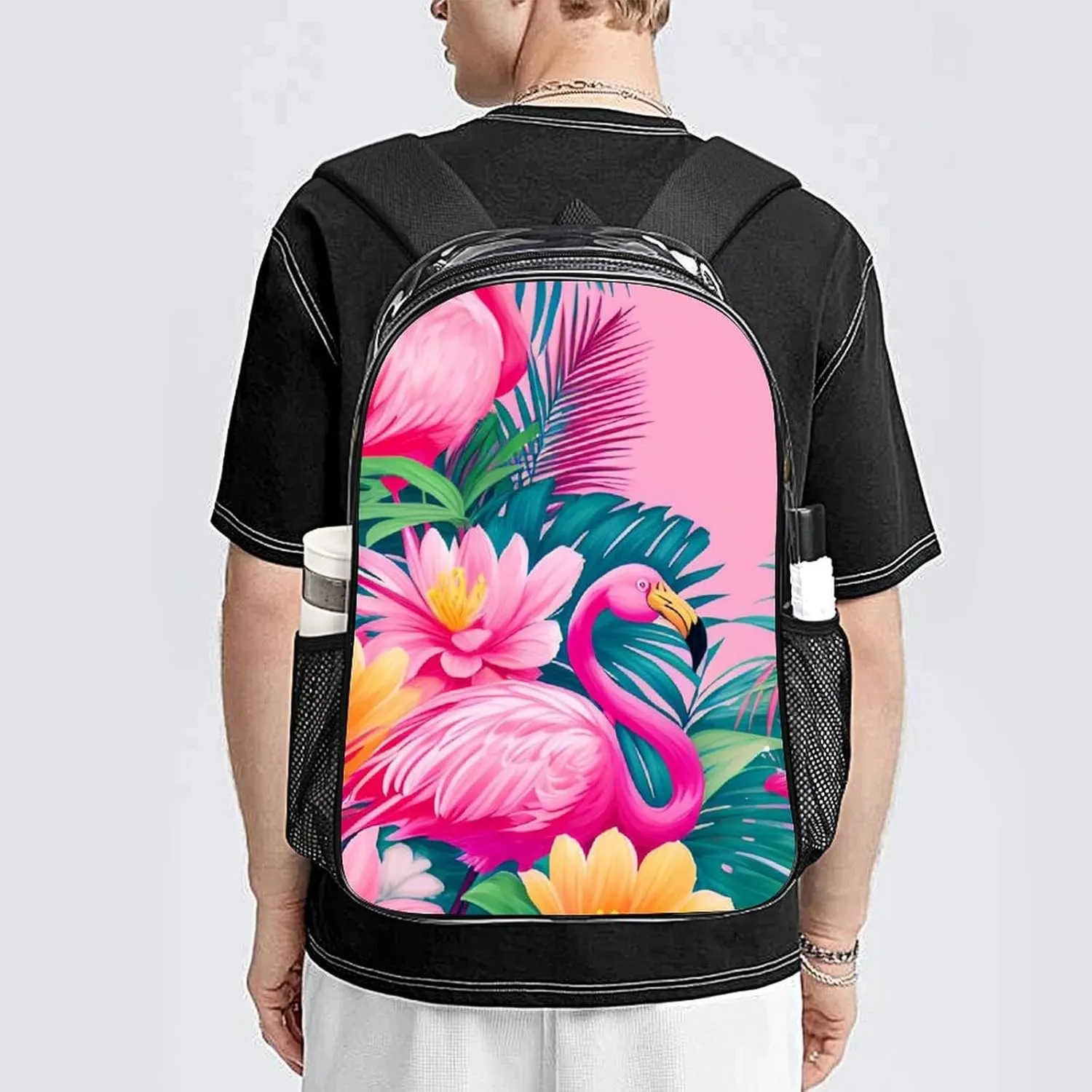 Transparent Daypack Backpack for Trekking Picnic Walking Cycling - Large Capacity Anti-Theft Multipurpose Shoulder Bag, Flamingos Flower Palm Pink Summer Holiday Art Casual Daypack