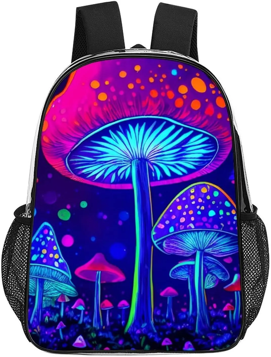 Transparent Daypack for Camping Travel Walking Cycling - Big Capacity Anti-Theft Multipurpose Bookbag, Magic Mushrooms Fairytale Mushrooms Scenery Psychedelic Art Camping Outdoor Backpack