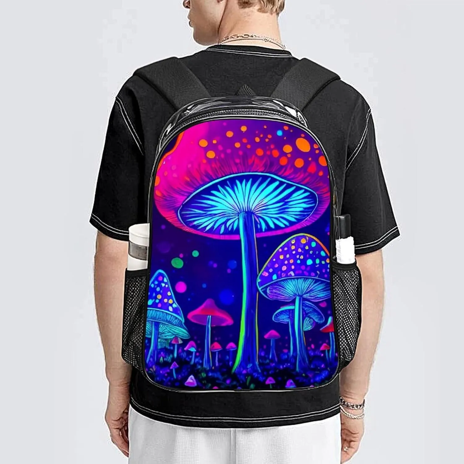 Transparent Daypack for Camping Travel Walking Cycling - Big Capacity Anti-Theft Multipurpose Bookbag, Magic Mushrooms Fairytale Mushrooms Scenery Psychedelic Art Camping Outdoor Backpack