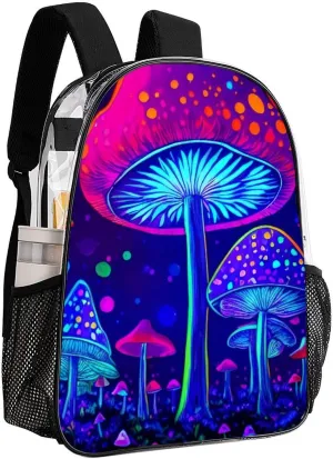 Transparent Daypack for Camping Travel Walking Cycling - Big Capacity Anti-Theft Multipurpose Bookbag, Magic Mushrooms Fairytale Mushrooms Scenery Psychedelic Art Camping Outdoor Backpack