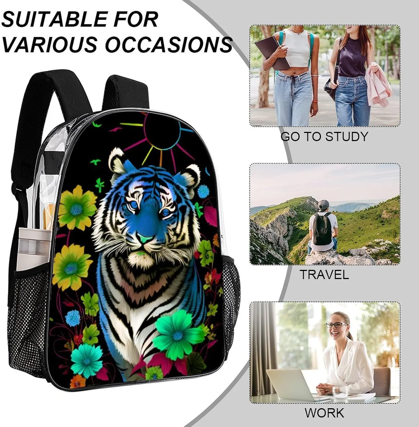 Transparent Daypack for Hiking Work Running - Big Capacity Anti-Theft Multipurpose Shoulder Bag, Trippy Tiger Animal Flower Art Travel and Sport Backpack Rucksack