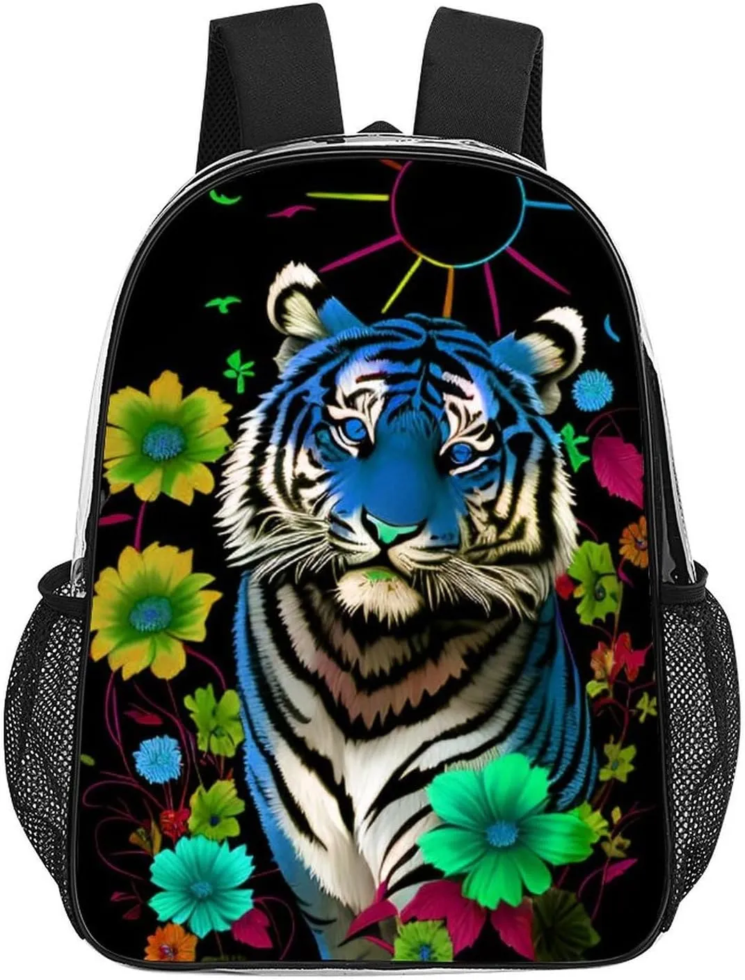 Transparent Daypack for Hiking Work Running - Big Capacity Anti-Theft Multipurpose Shoulder Bag, Trippy Tiger Animal Flower Art Travel and Sport Backpack Rucksack