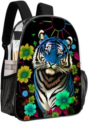 Transparent Daypack for Hiking Work Running - Big Capacity Anti-Theft Multipurpose Shoulder Bag, Trippy Tiger Animal Flower Art Travel and Sport Backpack Rucksack
