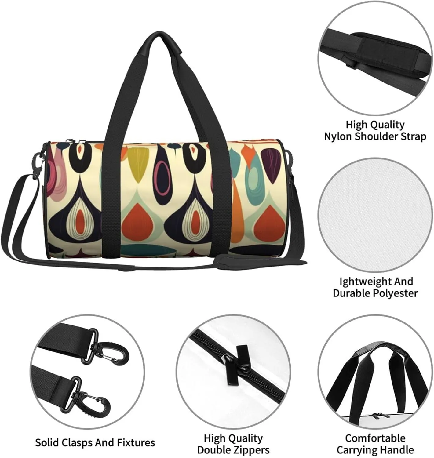Travel Bag For Women,Mid Century Modern Retro With Drop Shapes Print Personal Item Duffle Bags,Weekend Travel Duffel Tote Bag,Travel Sport Gym Bag For Men,Airplane Travel Essentials For Flying