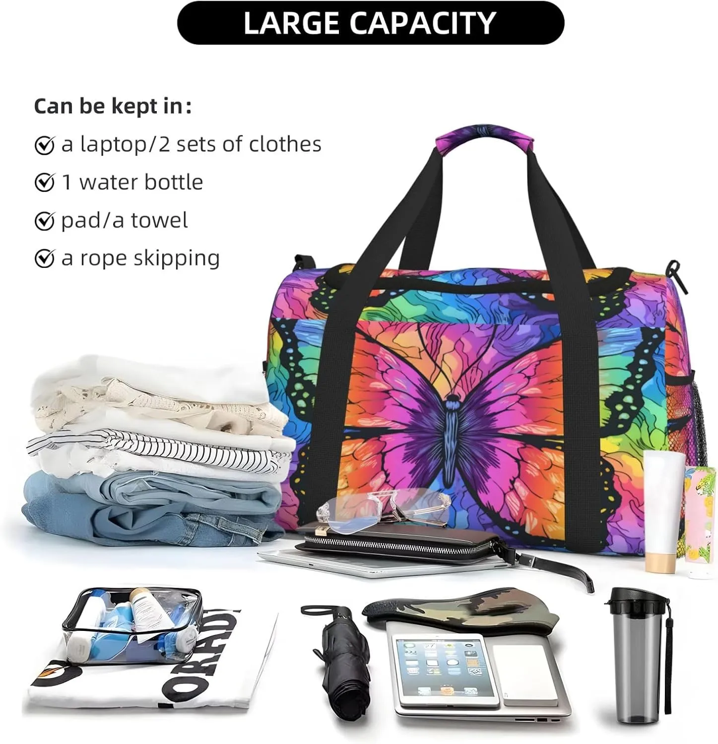 Travel Duffel Bag For Men Women, Colorful Butterfly Art Painting Carry On Sport Gym Bag With Shoulder Strap Lightweight Waterproof Weekender Bag Overnight Bag