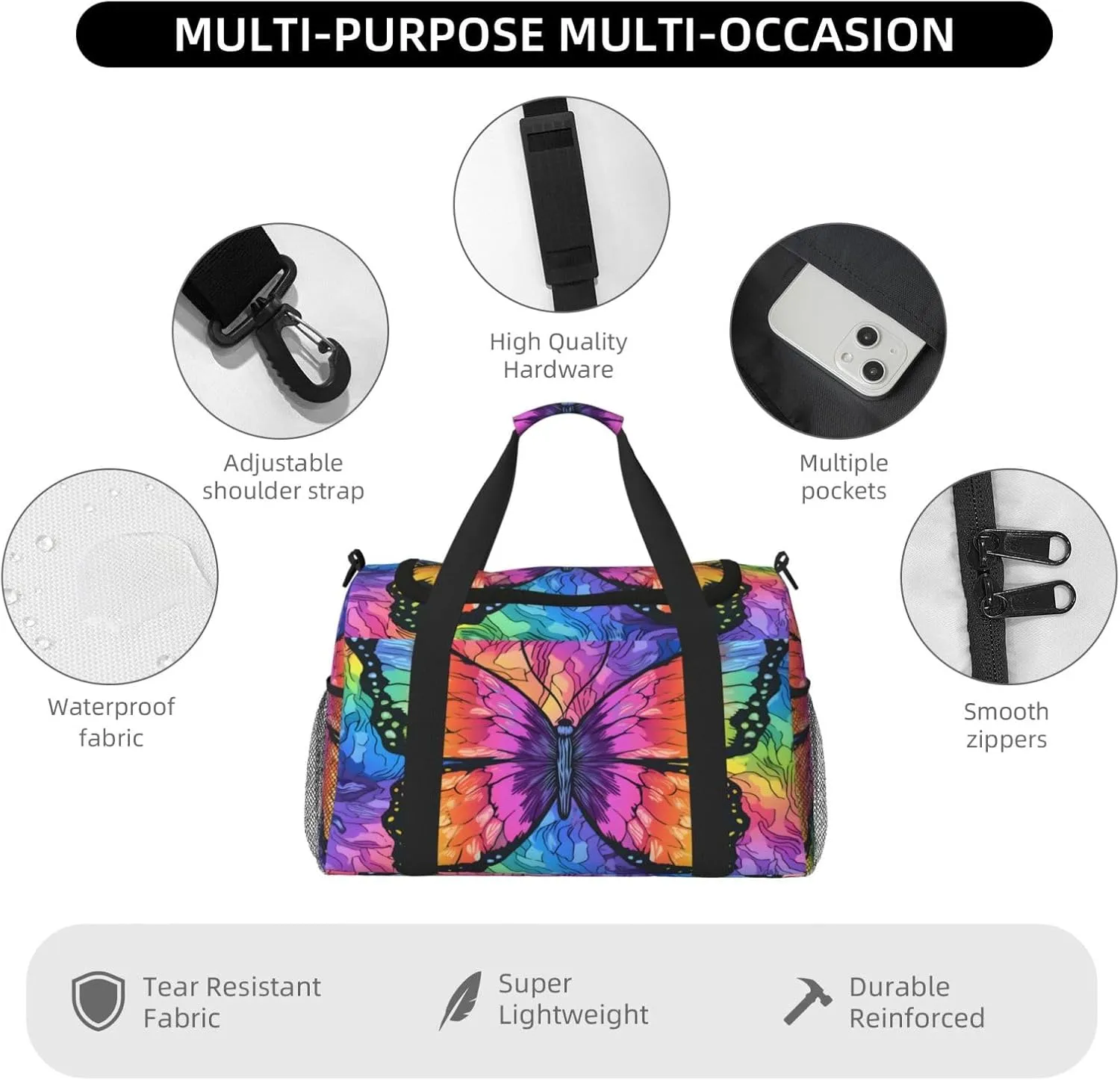Travel Duffel Bag For Men Women, Colorful Butterfly Art Painting Carry On Sport Gym Bag With Shoulder Strap Lightweight Waterproof Weekender Bag Overnight Bag