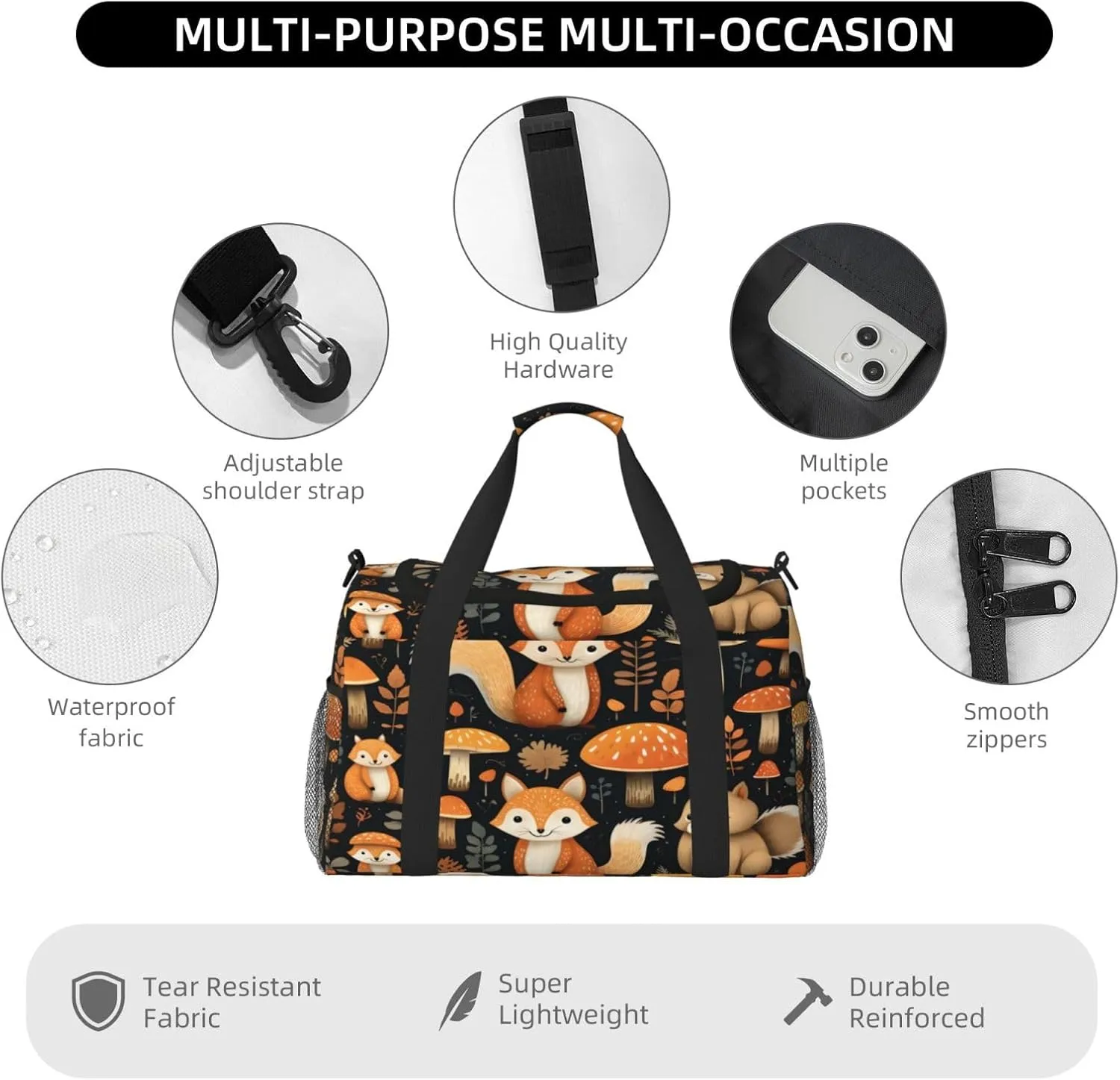 Travel Duffel Bag For Men Women, Cute Mushroom Squirrel Fox Carry On Sport Gym Bag With Shoulder Strap Lightweight Waterproof Weekender Bag Overnight Bag