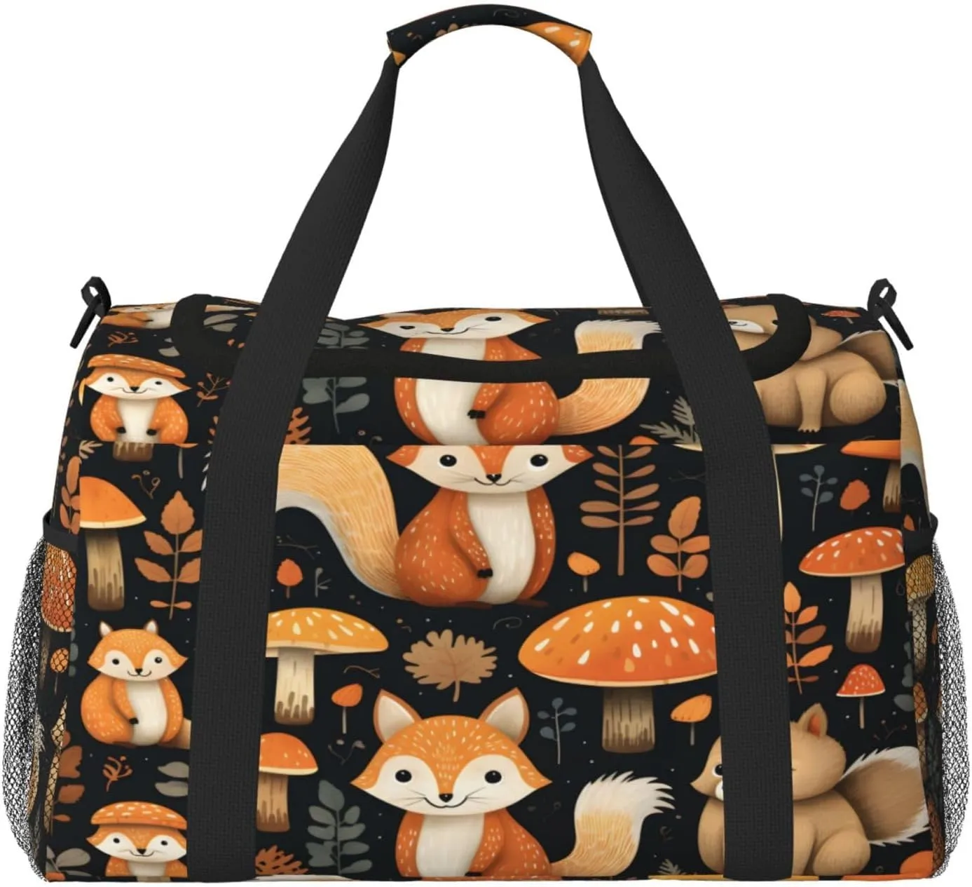 Travel Duffel Bag For Men Women, Cute Mushroom Squirrel Fox Carry On Sport Gym Bag With Shoulder Strap Lightweight Waterproof Weekender Bag Overnight Bag