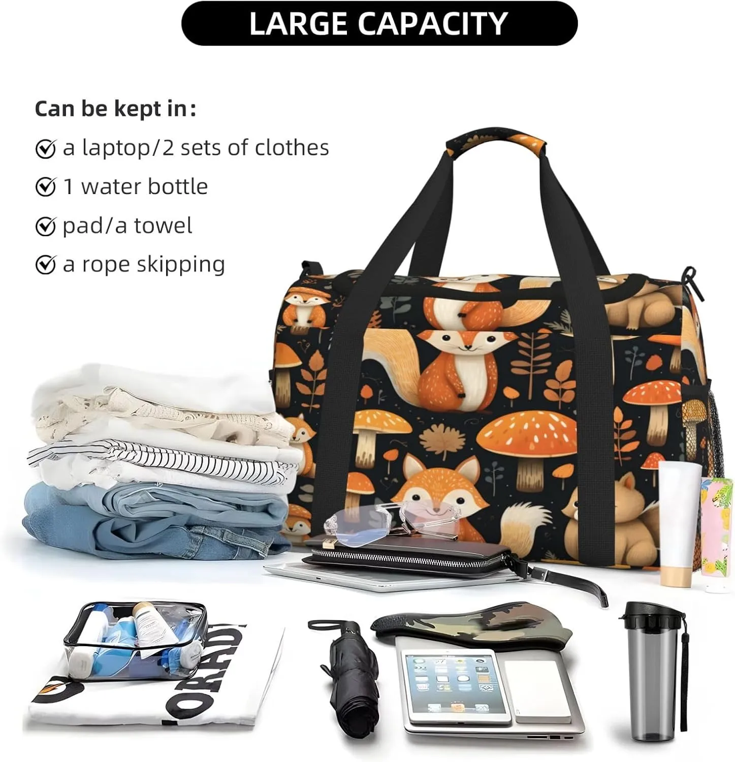 Travel Duffel Bag For Men Women, Cute Mushroom Squirrel Fox Carry On Sport Gym Bag With Shoulder Strap Lightweight Waterproof Weekender Bag Overnight Bag