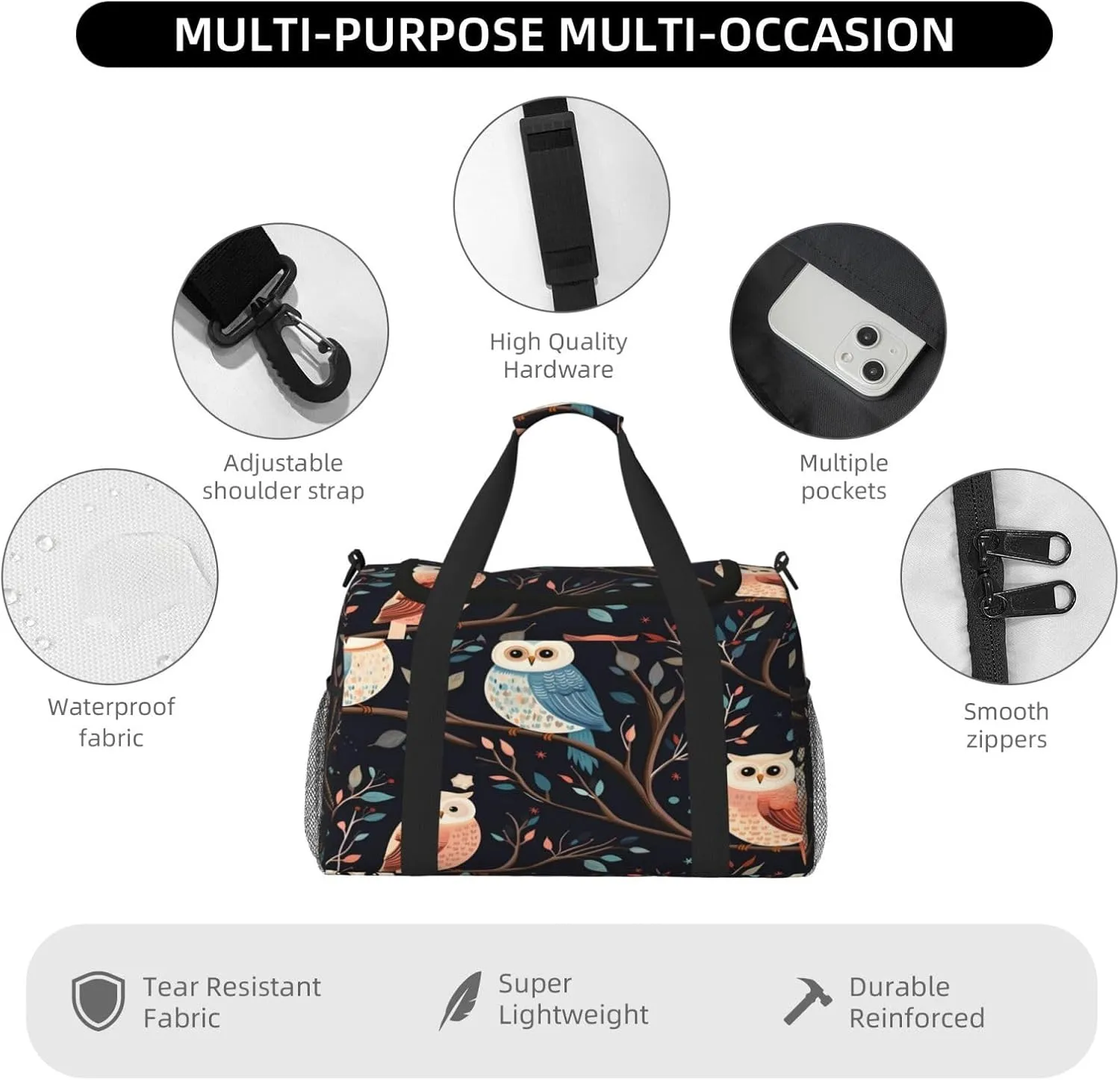 Travel Duffel Bag For Men Women, Cute Owls Pattern Branches Carry On Sport Gym Bag With Shoulder Strap Lightweight Waterproof Weekender Bag Overnight Bag
