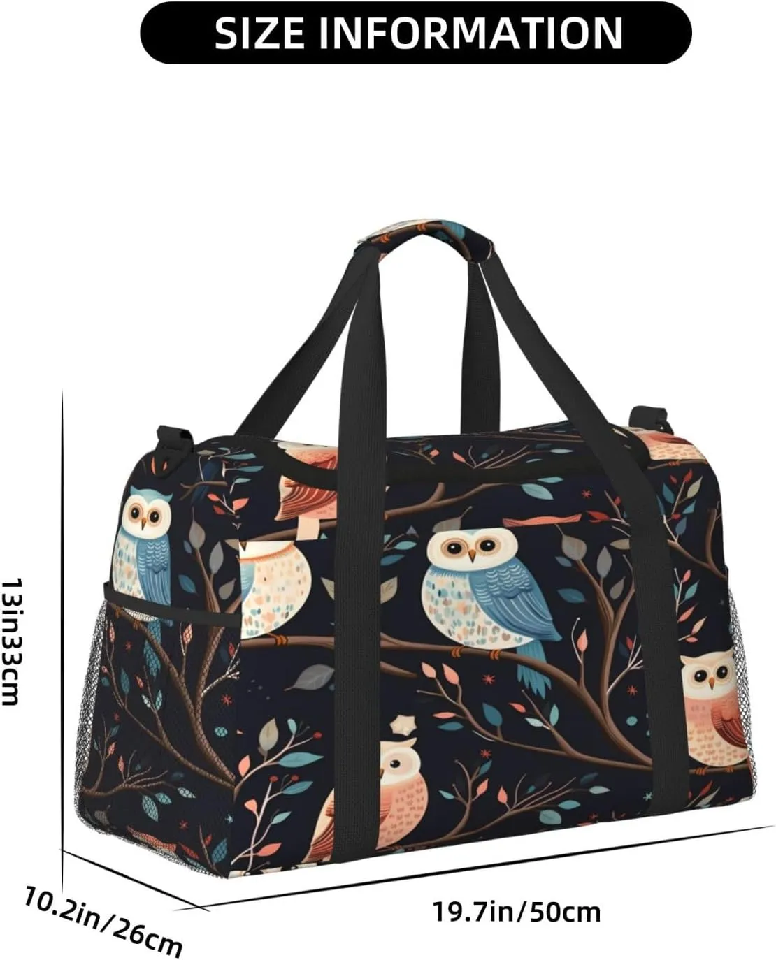 Travel Duffel Bag For Men Women, Cute Owls Pattern Branches Carry On Sport Gym Bag With Shoulder Strap Lightweight Waterproof Weekender Bag Overnight Bag