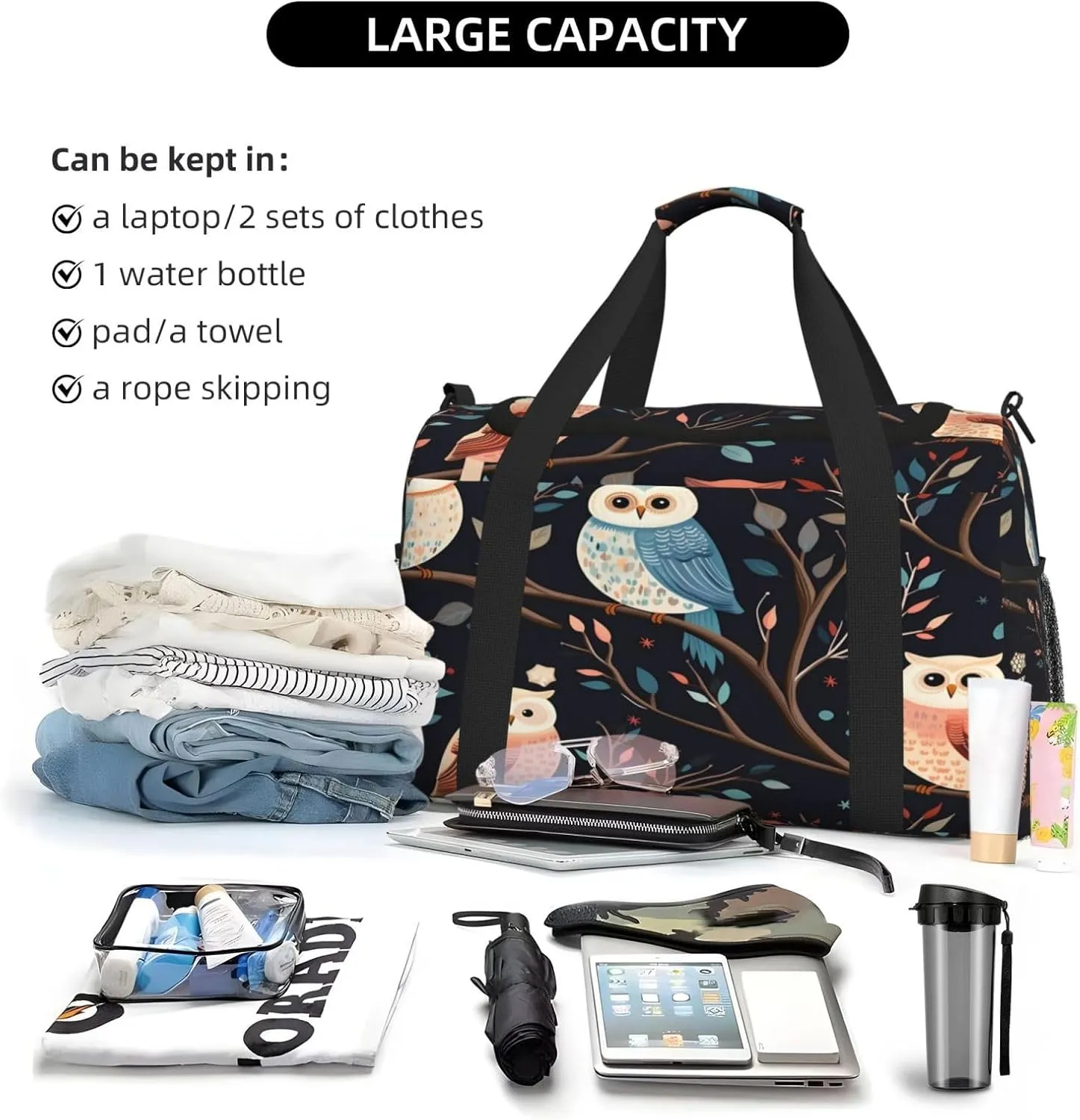 Travel Duffel Bag For Men Women, Cute Owls Pattern Branches Carry On Sport Gym Bag With Shoulder Strap Lightweight Waterproof Weekender Bag Overnight Bag