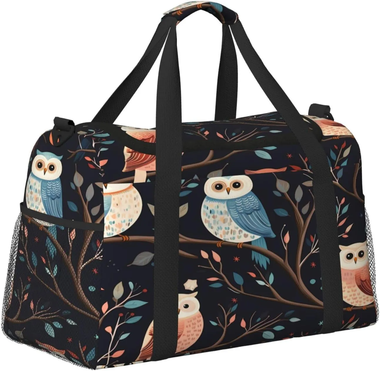 Travel Duffel Bag For Men Women, Cute Owls Pattern Branches Carry On Sport Gym Bag With Shoulder Strap Lightweight Waterproof Weekender Bag Overnight Bag