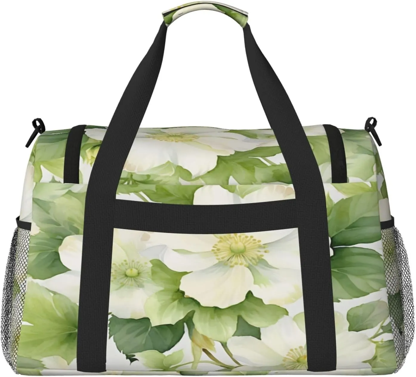 Travel Duffel Bag For Men Women, Fresh White Green Flowers Carry On Sport Gym Bag With Shoulder Strap Lightweight Waterproof Weekender Bag Overnight Bag