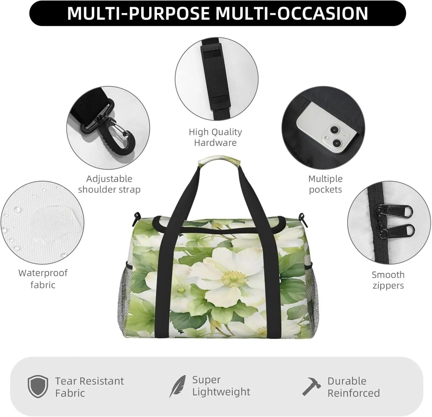 Travel Duffel Bag For Men Women, Fresh White Green Flowers Carry On Sport Gym Bag With Shoulder Strap Lightweight Waterproof Weekender Bag Overnight Bag