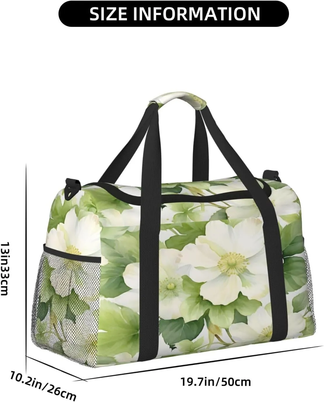 Travel Duffel Bag For Men Women, Fresh White Green Flowers Carry On Sport Gym Bag With Shoulder Strap Lightweight Waterproof Weekender Bag Overnight Bag
