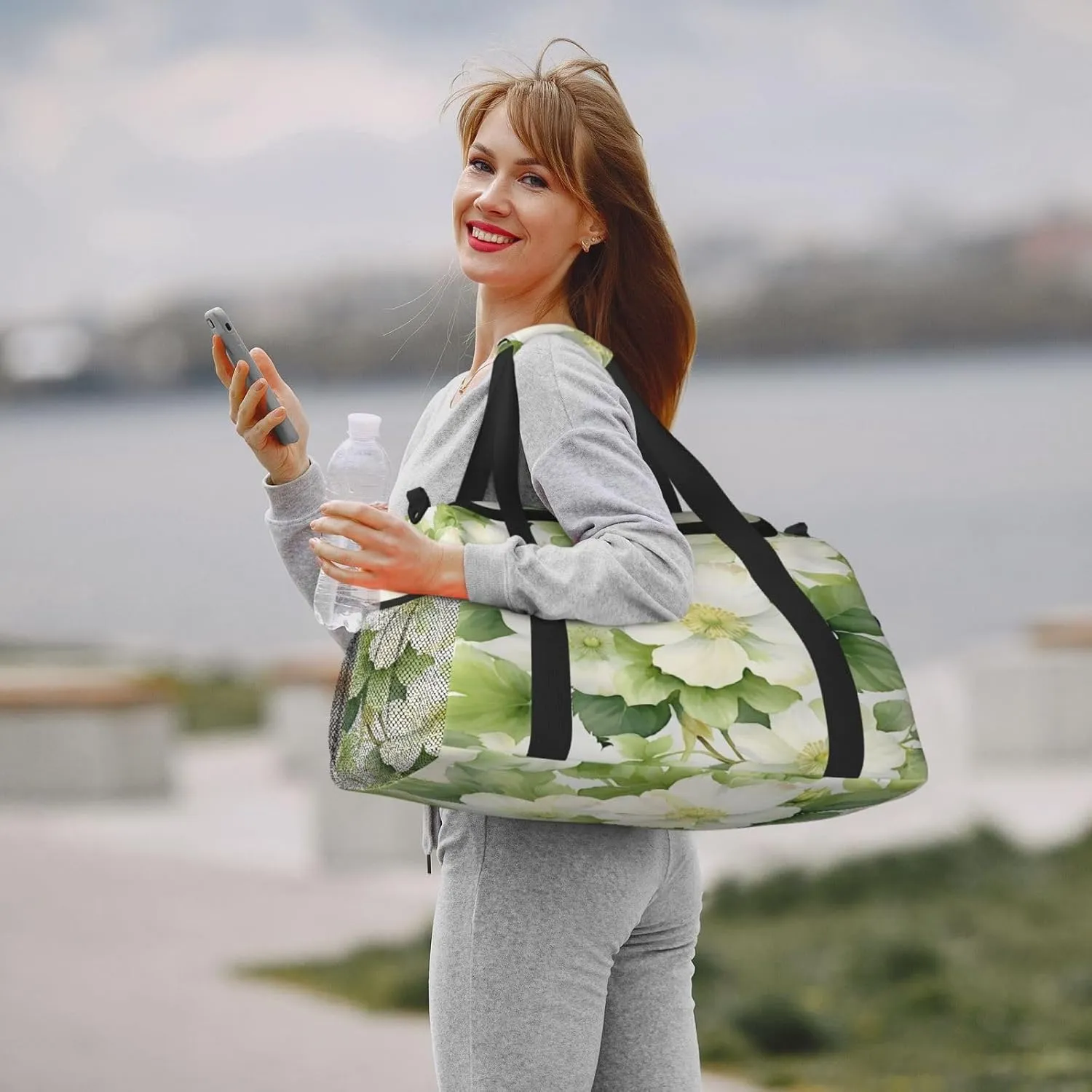 Travel Duffel Bag For Men Women, Fresh White Green Flowers Carry On Sport Gym Bag With Shoulder Strap Lightweight Waterproof Weekender Bag Overnight Bag